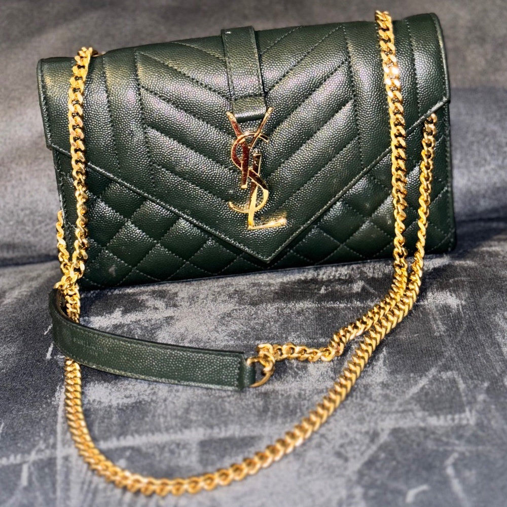 RARE Vert Foncé YSL Small Envelope Triquilt Shoulder Bag – STUNNING JADE GREEN –